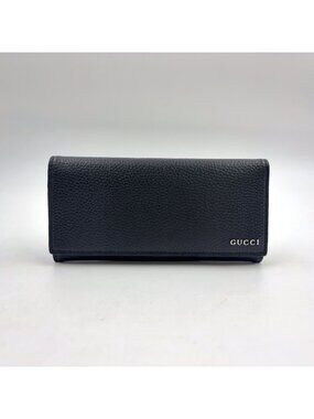 Gucci Metal Logo Bifold Leather Black Wallet Silver